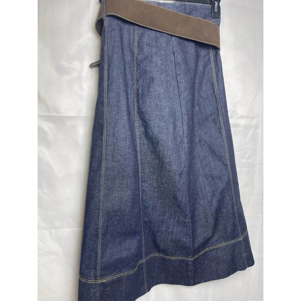 Zara Denim Midi Skirt Semi Wrap Belted Blue Contrast Stitch NWT Size M - Picture 3 of 10